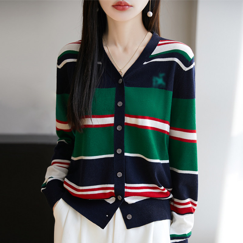 春秋精纺羊毛开衫女V领拼色外套