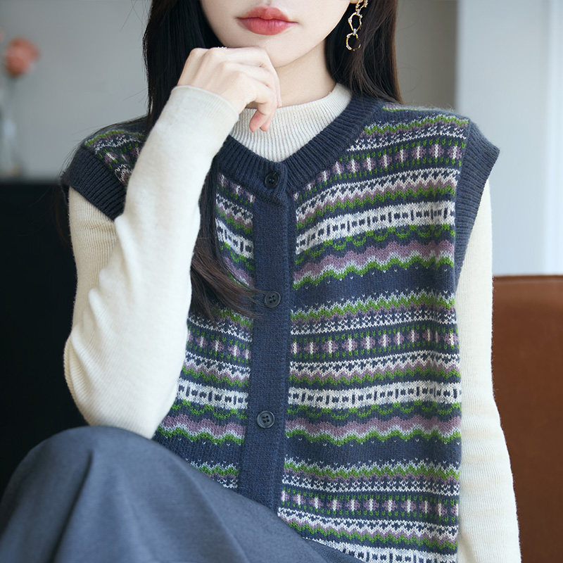 复古拼色精纺羊毛衫针织马甲开衫女圆领无袖背心毛衣宽松坎肩外搭