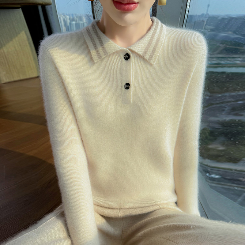 POLO领拼色高端山羊绒衫纽扣毛衣