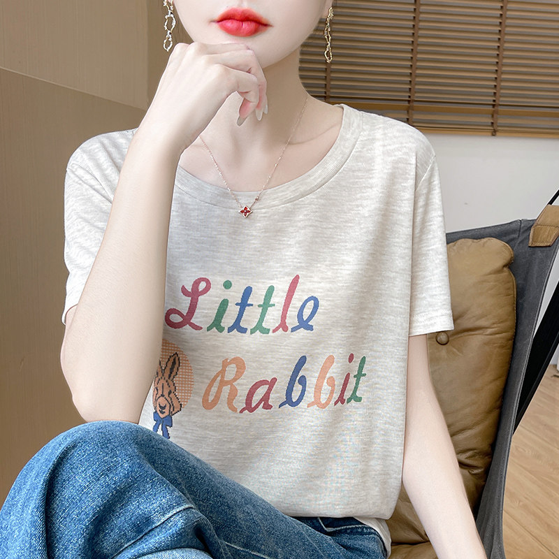 夏季薄款拼色圆领T恤女卡通兔子