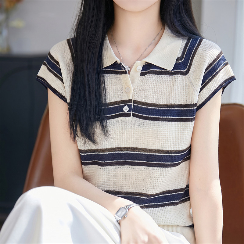 天丝针织翻领条纹短袖T恤女背心