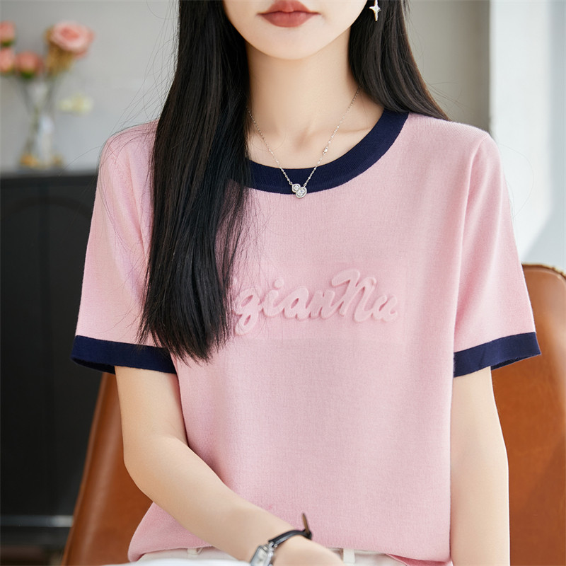 夏季拼色圆领丝光棉针织短袖T恤女立体字母提花上衣半袖宽松打底