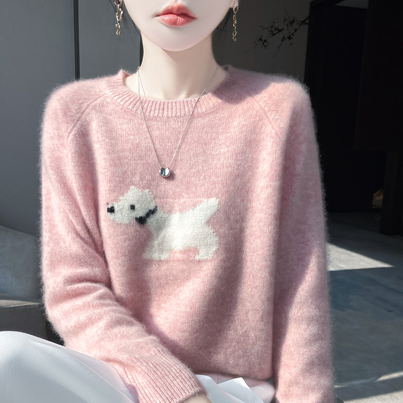 秋冬圆领拼色小狗提花针织毛衣女100%纯羊毛衫长袖宽松打底羊绒衫