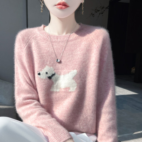 圆领拼色小狗提花羊毛衫针织毛衣