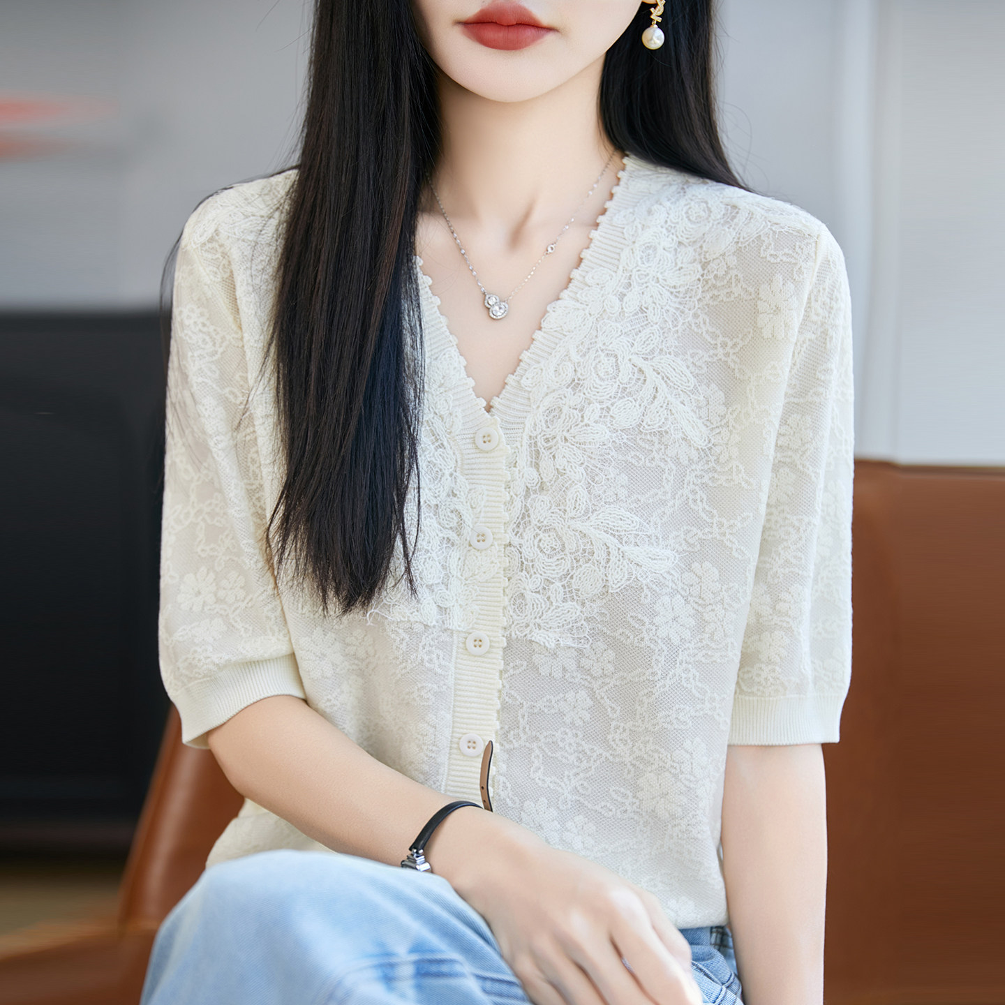 法式V领蕾丝欧根纱短袖开衫背心