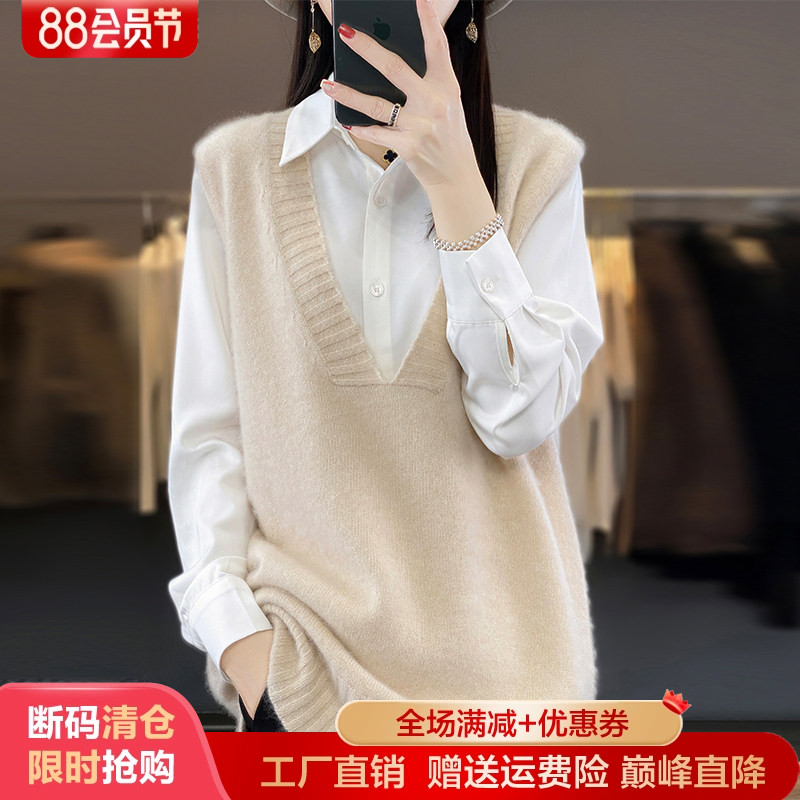 秋冬100%纯羊毛衫马甲女V领坎肩