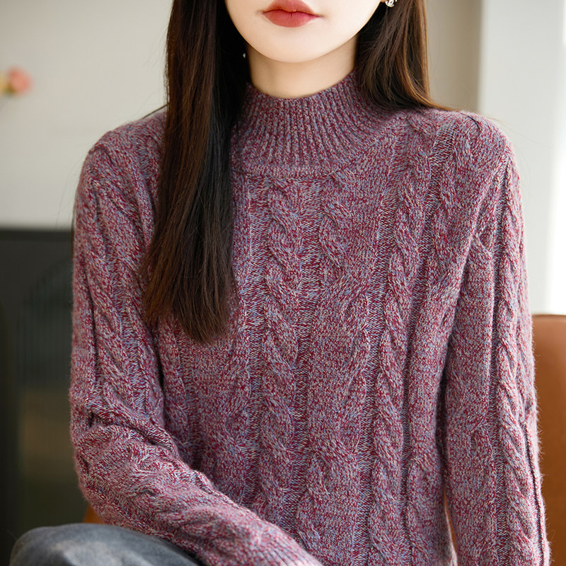 半高领加厚花纱精纺羊毛衫女麻花针织长袖毛衣宽松慵懒风打底上衣
