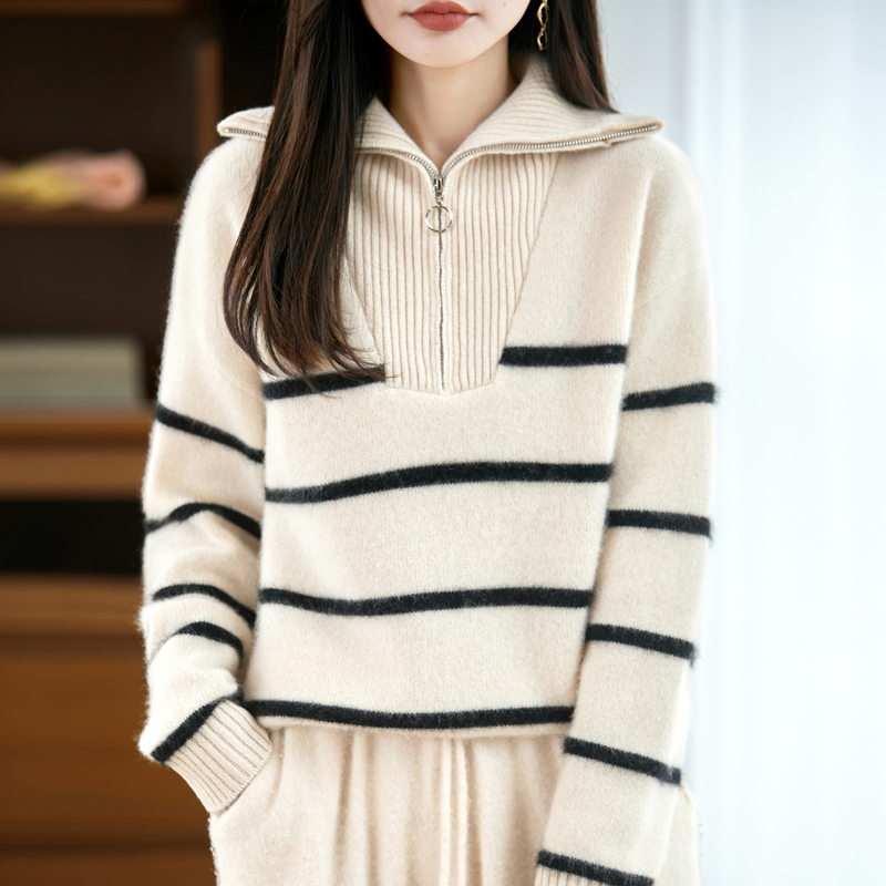 半开领拉链加厚100%纯羊毛衫上衣