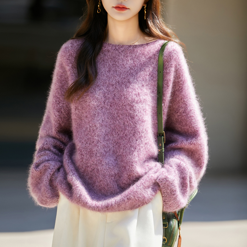 100%纯羊毛衫针织毛衣女圆领花纱