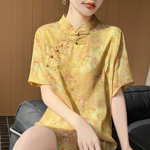 新中式国风立领盘扣连衣裙女缎面真丝印花短袖长裙中长款旗袍裙子