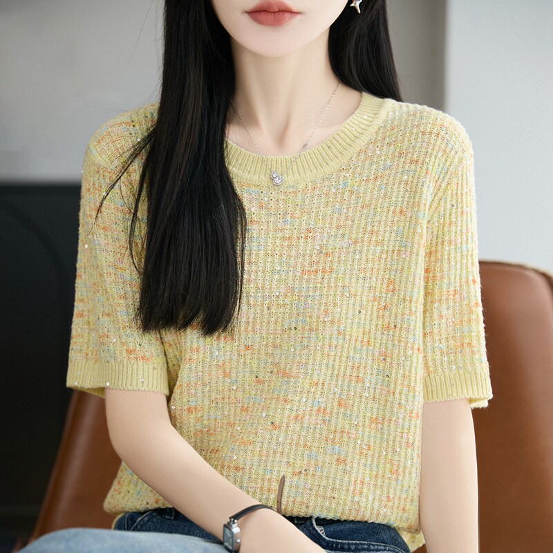 100%天丝针织亮片短袖女T恤打底