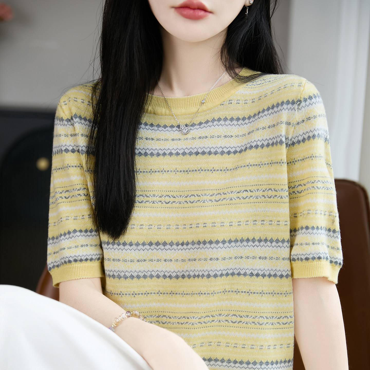 春夏新款精纺羊毛衫针织短袖女圆领条纹拼色T恤上衣宽松半袖打底