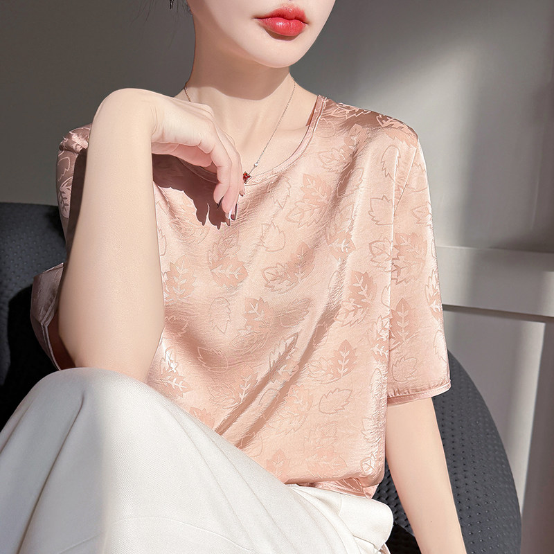 夏季缎面真丝提花短袖T恤女夏圆领枫叶半袖上衣宽松醋酸打底背心