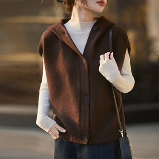 100%纯羊毛衫针织连帽马甲开衫女宽松慵懒带兜毛衣羊绒衫外套坎肩