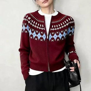 费尔岛风100%羊毛开衫女圆领双拉链加厚提花针织毛衣宽松羊绒外套