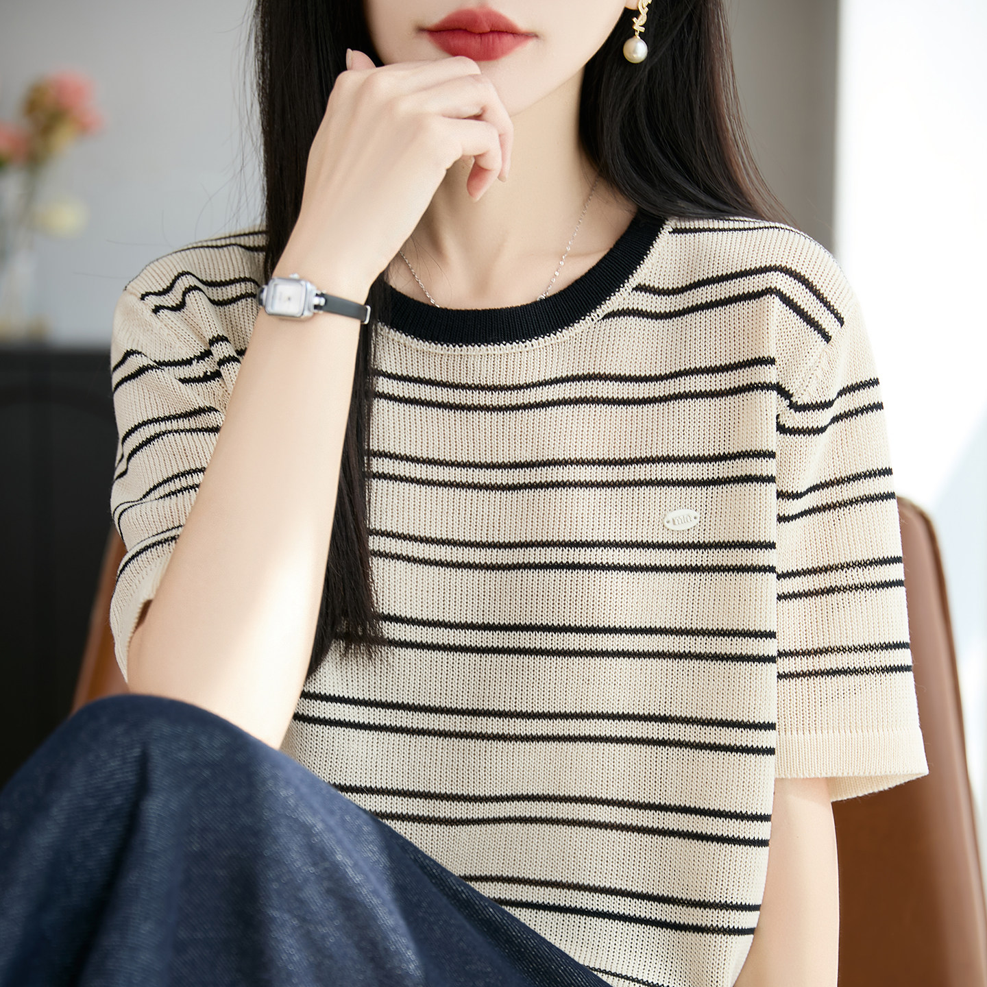 夏季天丝亚麻条纹拼色短袖女T恤