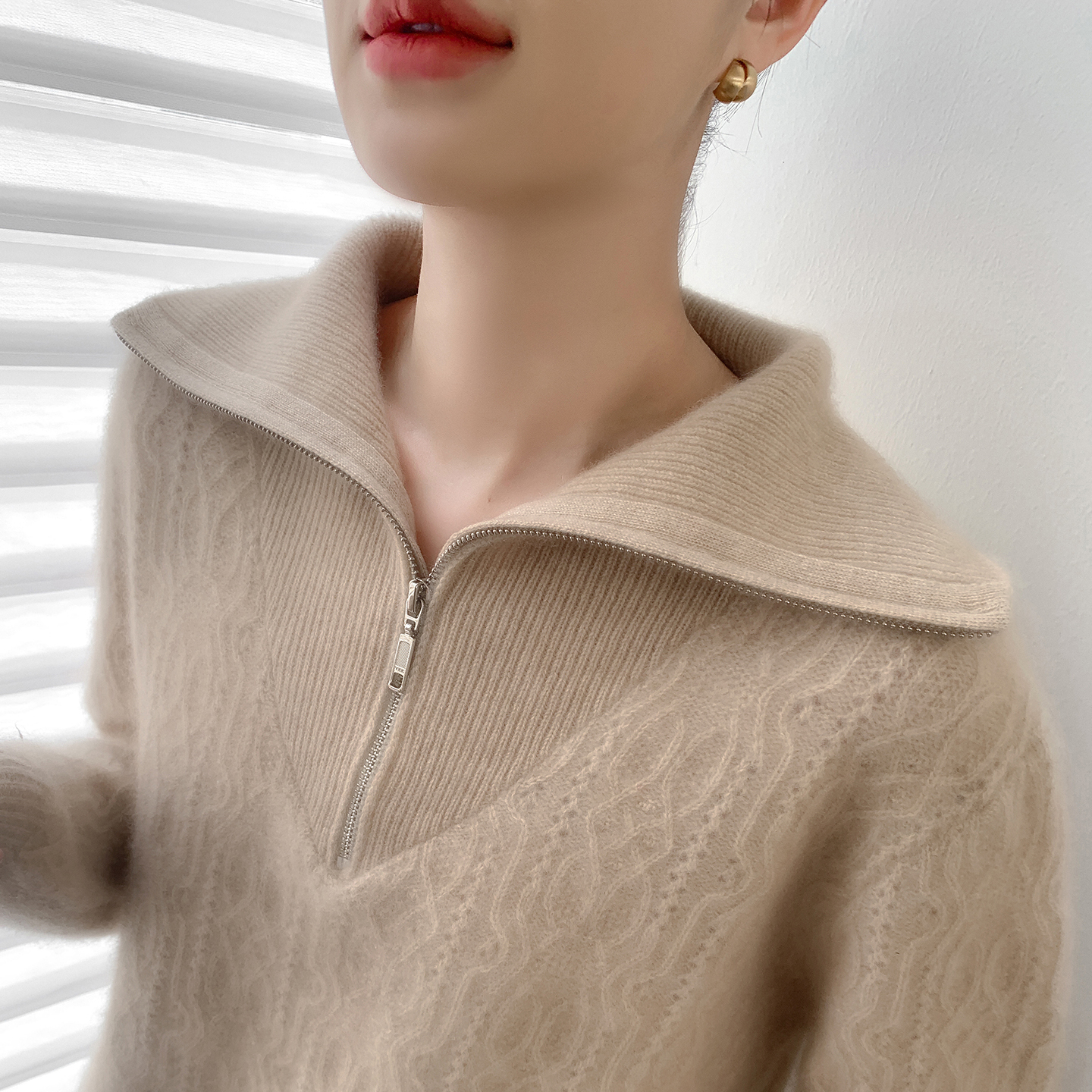 半开翻领拉链100%纯羊毛衫女打底