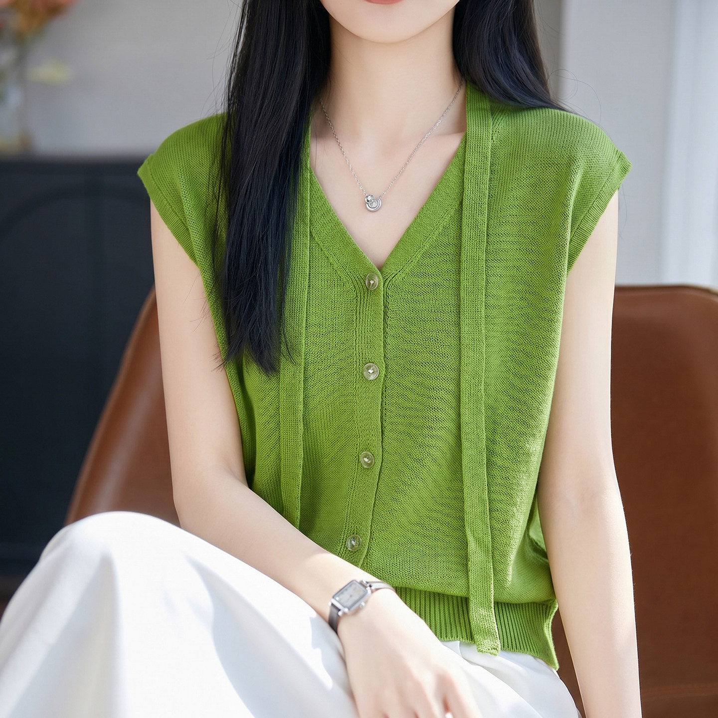 休闲风V领短袖T恤针织开衫女夏季飘带纯色背心上衣宽松内搭打底衫