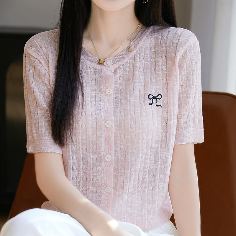 25夏季圆领竹节麻针织短袖开衫女薄款蝴蝶结刺绣上衣宽松半袖T恤