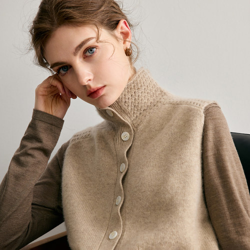 高领山羊绒开衫马甲无袖毛衣外套