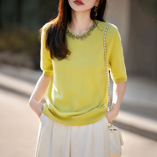 100%纯羊毛衫针织五分袖T恤镶钻