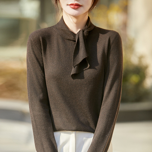 女飘带针织长袖 毛衣宽松蝴蝶结打底上衣 半高领精纺羊毛衫 春秋新款