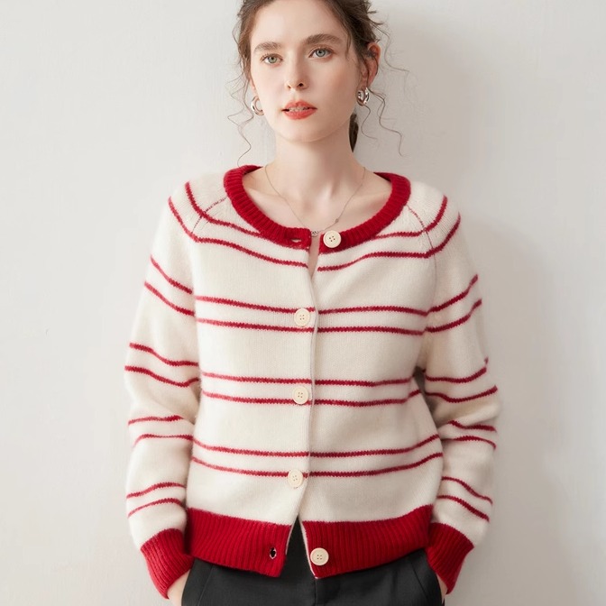 重磅加厚山羊绒开衫圆领条纹外套