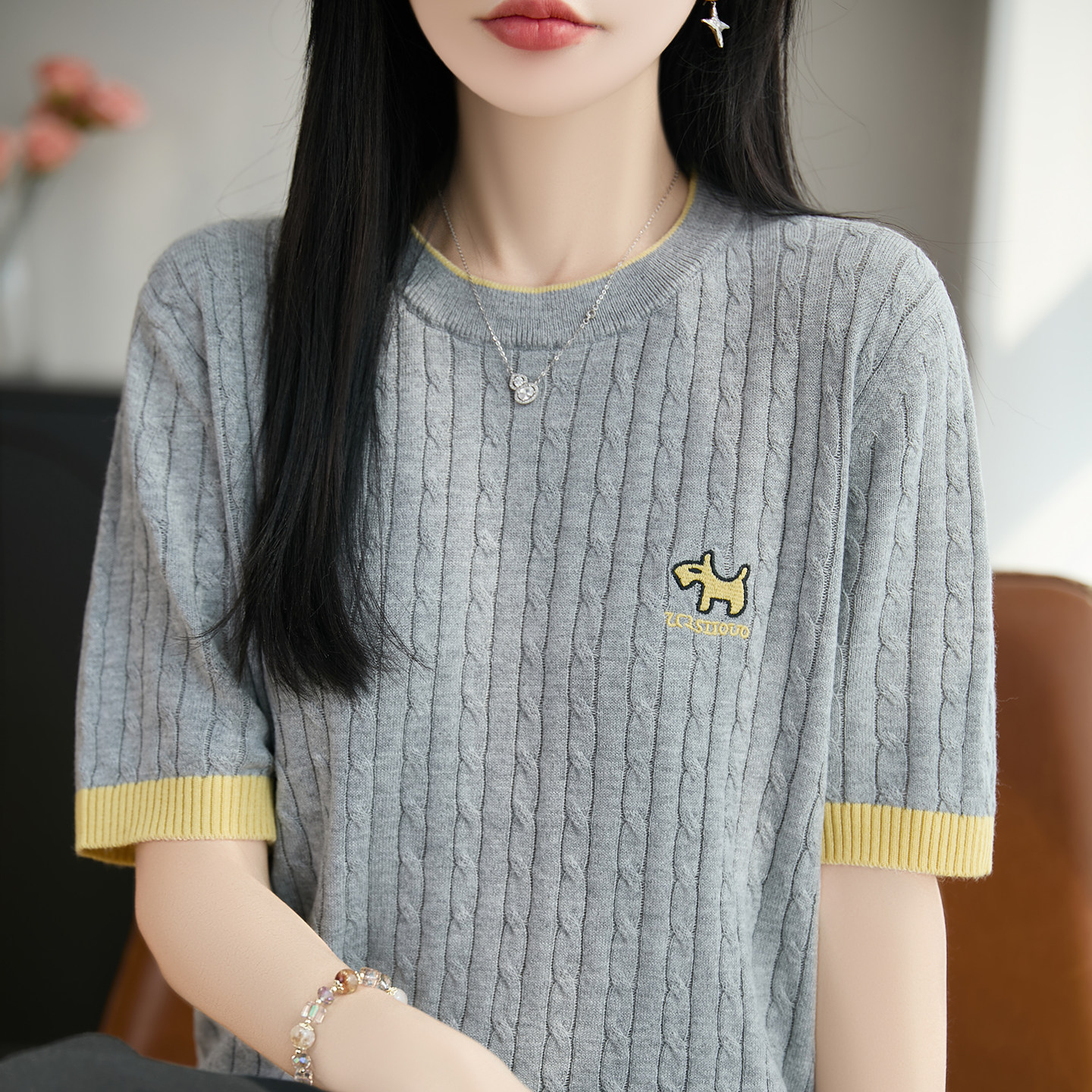 拼色圆领精纺羊毛衫针织短袖女麻花刺绣小狗半袖上衣宽松T恤打底