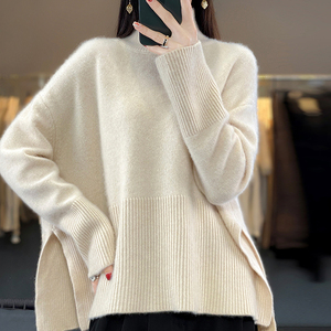 高领加厚100%纯羊绒衫女秋冬新款纯色开叉针织长袖宽松打底羊毛衫