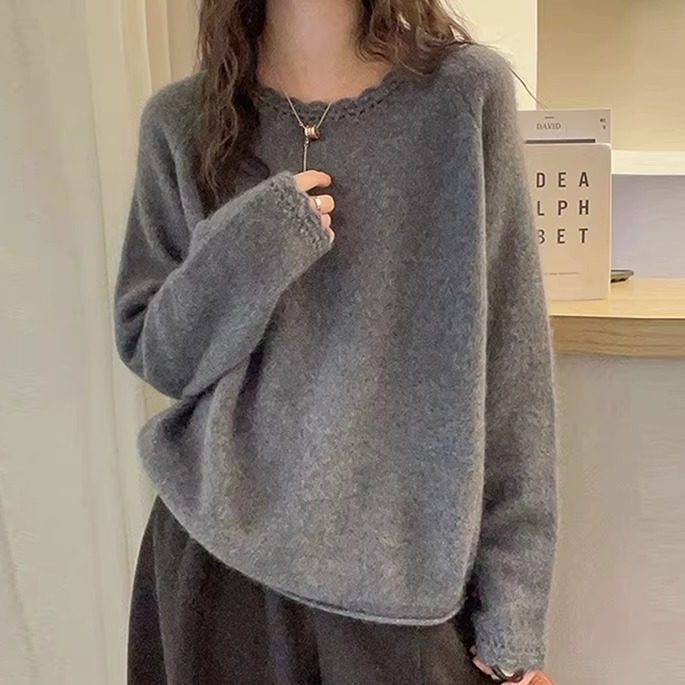 100%纯羊毛衫女圆领钩花镂空毛衣