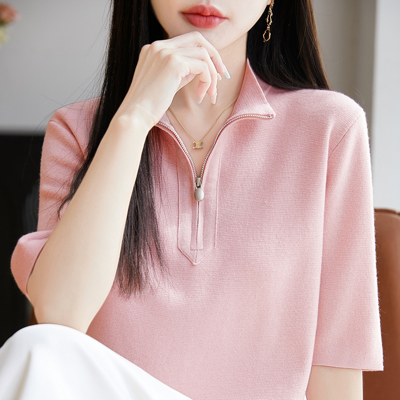 精纺羊毛针织衫女翻领五分袖T恤