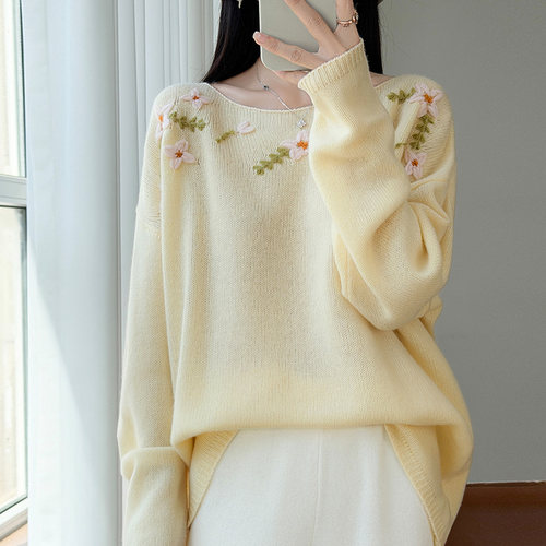 法式花朵刺绣100%纯羊毛衫毛衣女