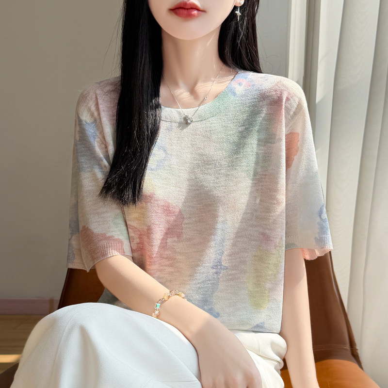 26春夏新款竹节麻针织短袖T恤女圆领拼色印花上衣宽松半袖打底衫