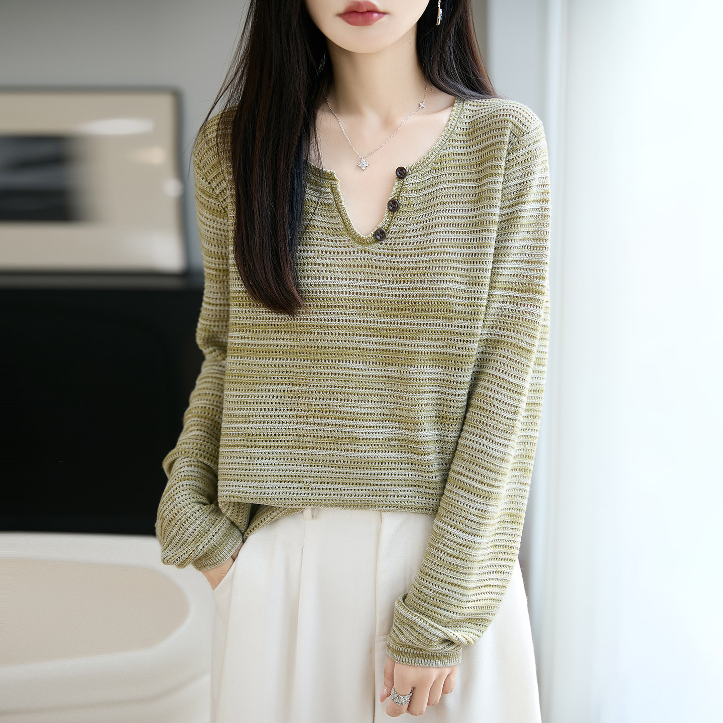 老钱风V领条纹精纺羊毛衫女毛衣