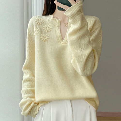 100%纯羊毛衫毛衣女半开V领上衣