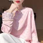 新中式国风缎面真丝衬衣女圆领刺绣亮片桑蚕丝提花醋酸打底衫上衣