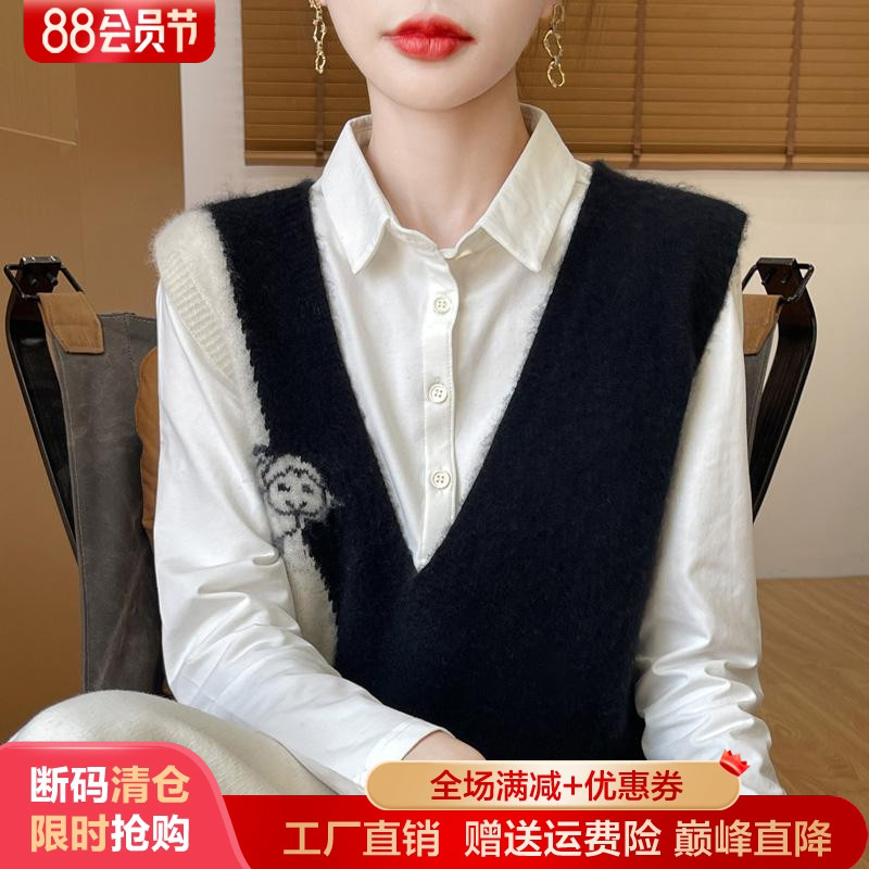 100%纯羊毛马甲V领拼色针织坎肩