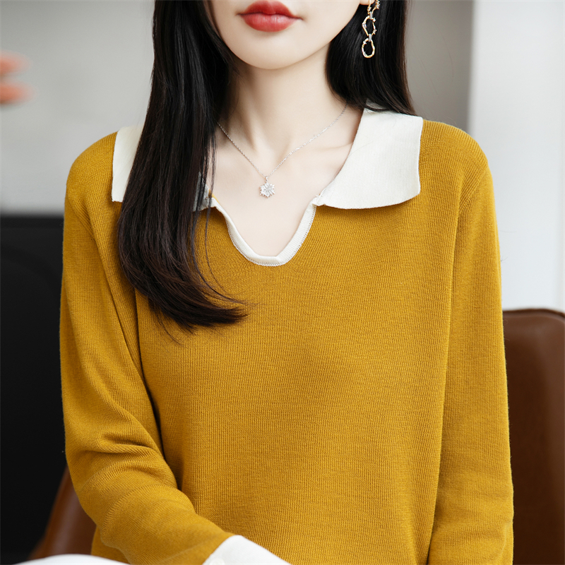 POLO领拼色羊毛衫女宽松显瘦