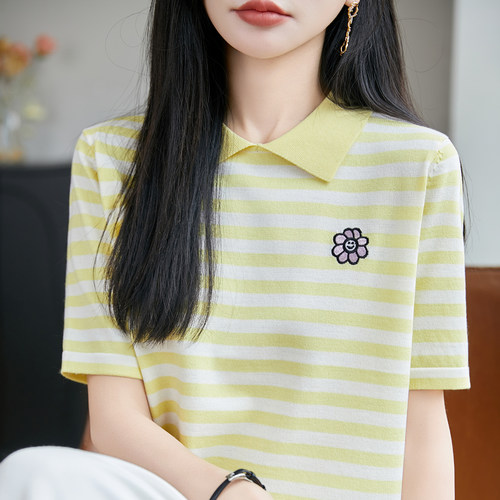 冰丝翻领绣花拼色短袖针织衫T恤