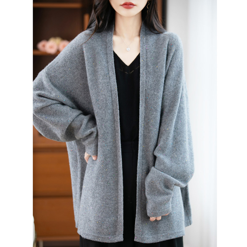 V领中长款100%纯羊毛衫针织开衫女宽松慵懒风亮丝羊绒衫毛衣外套