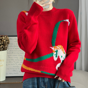 新年红提花100%纯羊毛衫女圆领小马拼色加厚针织毛衣宽松羊绒打底