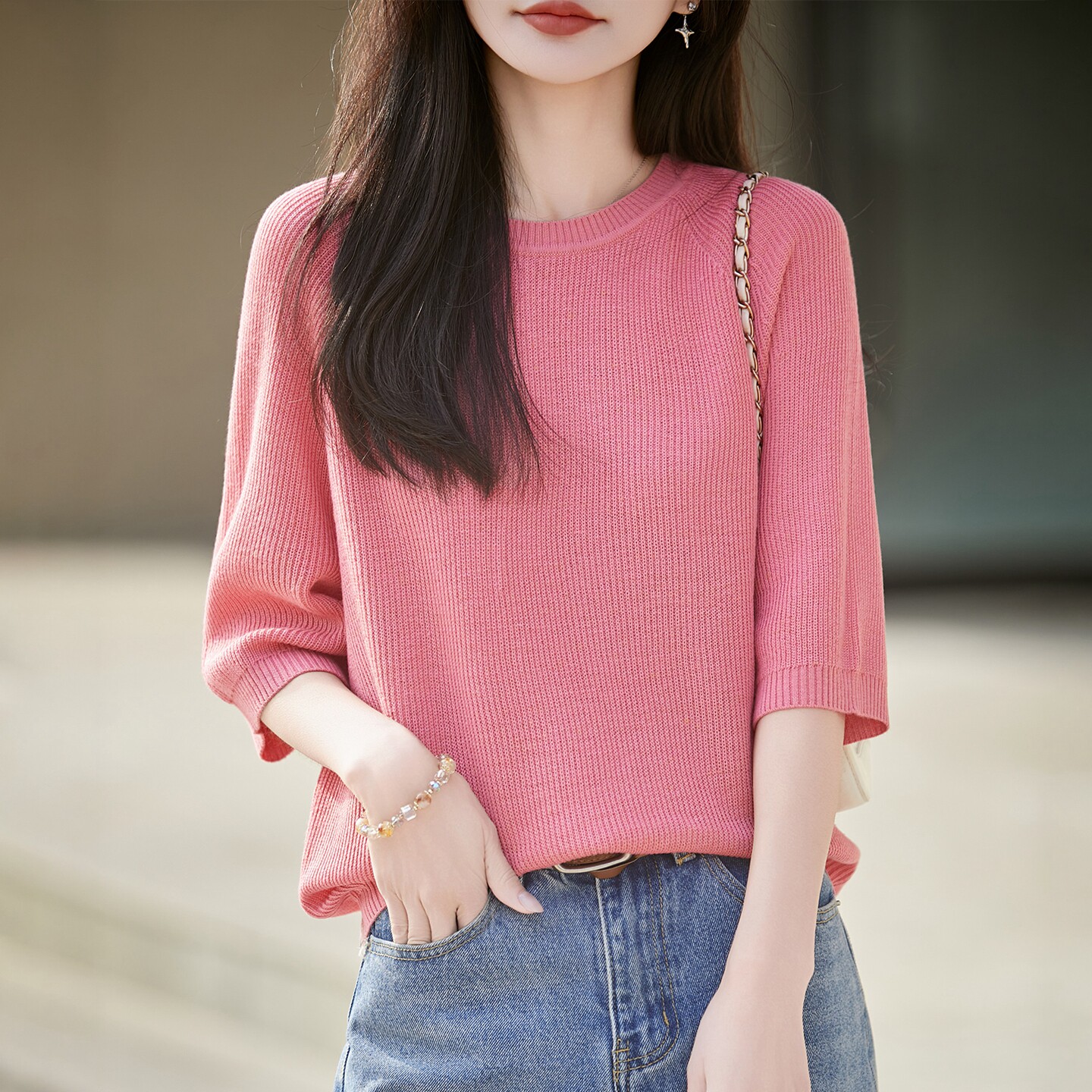 春夏桑蚕丝亚麻针织提花T恤打底