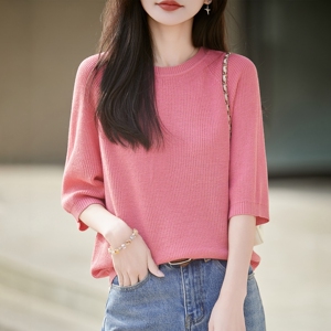 春夏桑蚕丝亚麻针织提花T恤打底