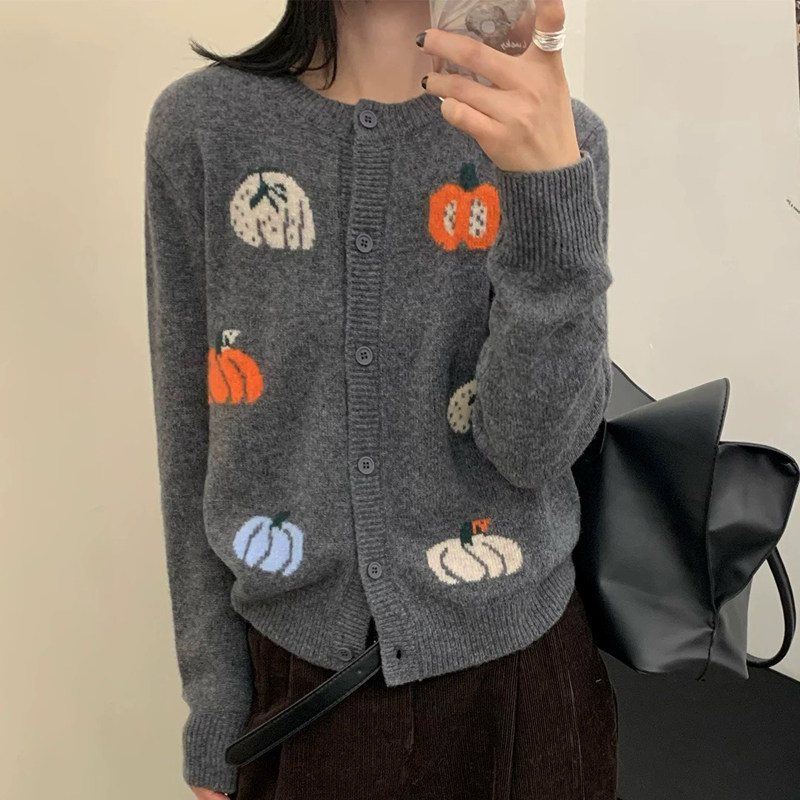 秋冬季100%纯羊毛开衫女圆领南瓜拼色提花针织毛衣宽松外套羊绒衫