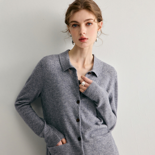轻奢POLO领baby山羊绒开衫女翻领纯色带兜针织毛衣宽松羊毛衫外套
