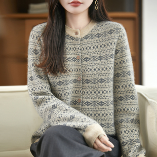 复古拼色100%纯羊毛开衫女秋冬新款长袖针织毛衣宽松外套羊绒上衣