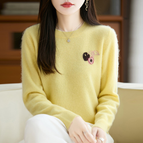 100%纯羊毛衫女圆领樱桃拼色提花长袖针织毛衣甜美宽松羊绒衫打底