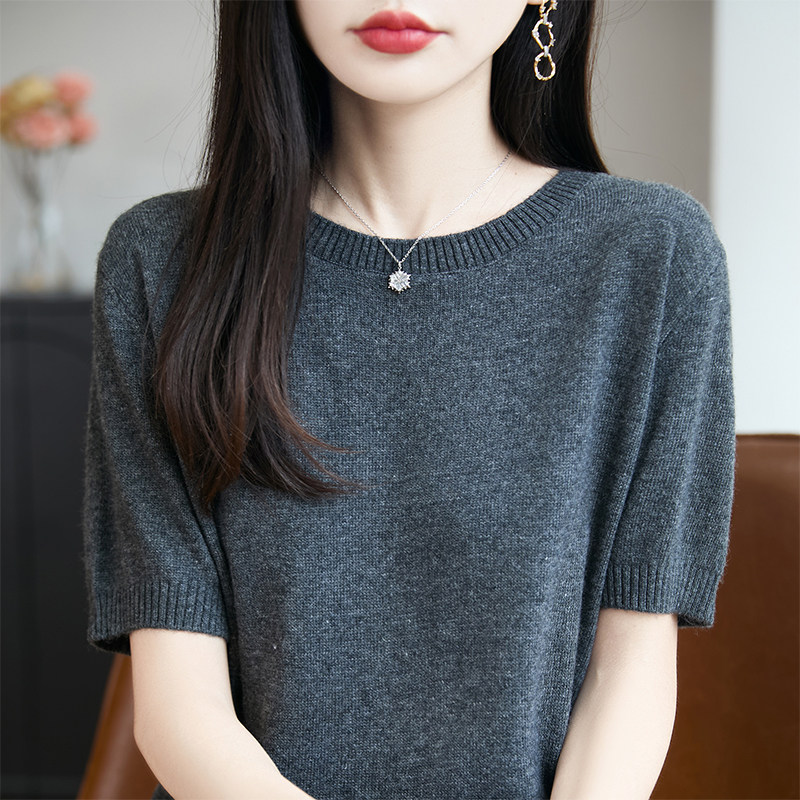 春秋高级感精纺羊毛针织短袖T恤女圆领纯色半袖上衣宽松休闲打底