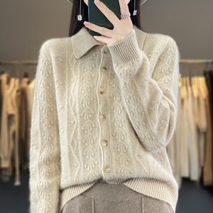 秋冬新款100%羊绒开衫女POLO翻领绞花宽松毛衣外套针织羊毛衫上衣