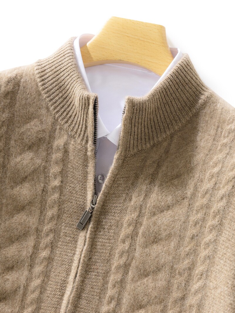 23 가을 겨울 100% 순수 캐시미어 지퍼 카디건 남성용 하프 터틀넥 트위스트 두꺼운 코트 스웨터 울 니트 탑